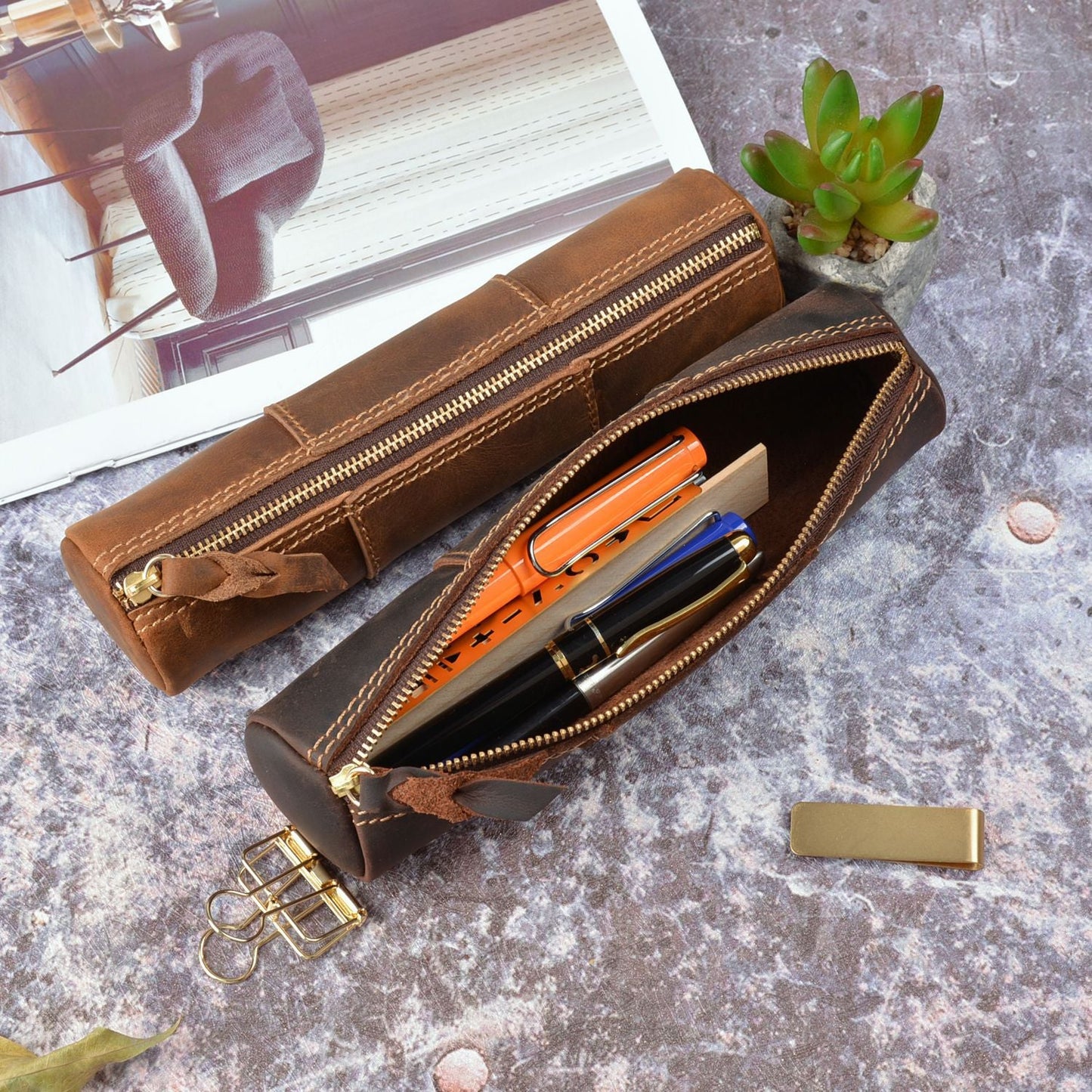 Vintage Genuine First Layer Crazy Horse Leather Handmade Pencil Case