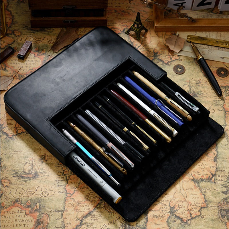 Handmade Magnetic Drawer-style Crazy Horse Leather Pencil Case