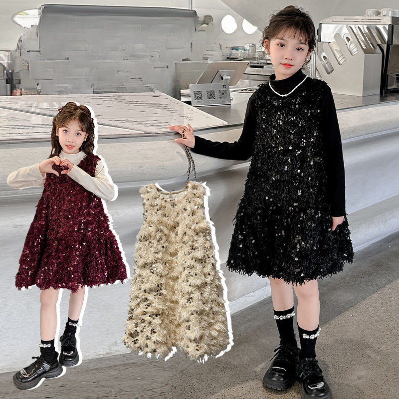 Wholesale Children's Velvet Sequin Tassel Dress