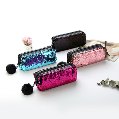 Fur Ball Sequin Pencil Case Cosmetic Bag