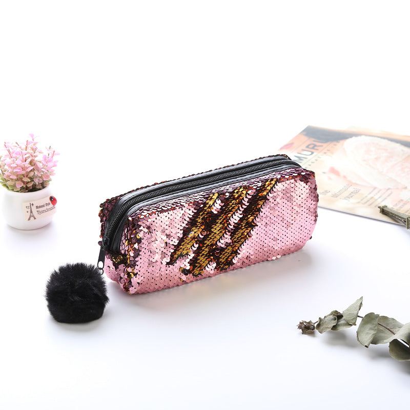 Fur Ball Sequin Pencil Case Cosmetic Bag
