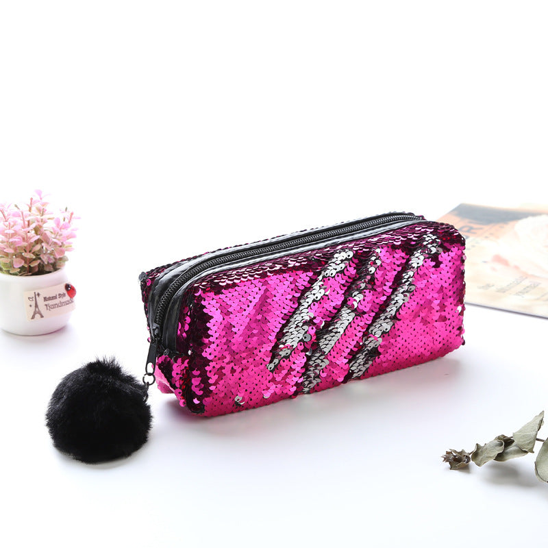 Fur Ball Sequin Pencil Case Cosmetic Bag