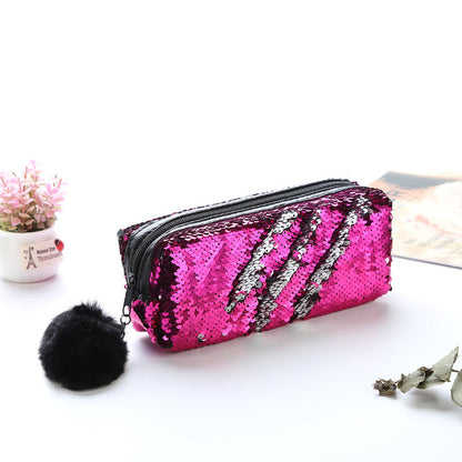 Fur Ball Sequin Pencil Case Cosmetic Bag