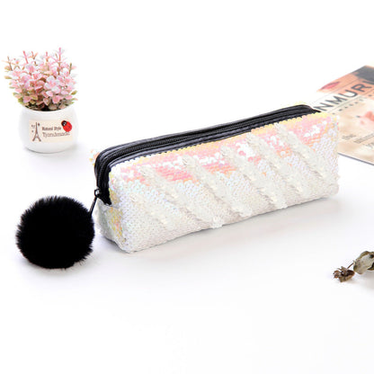 Fur Ball Sequin Pencil Case Cosmetic Bag