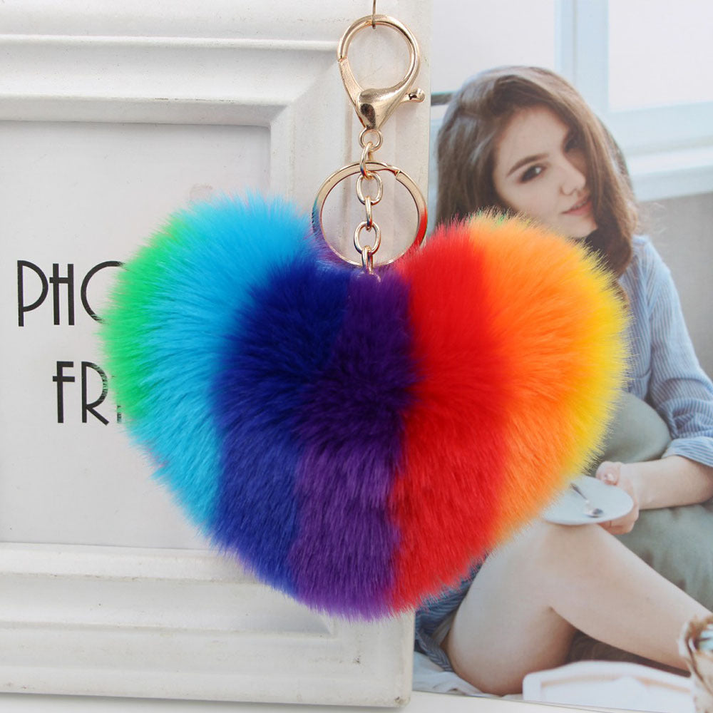 Peach Heart Rainbow Imitation Rabbit Fur Keychain