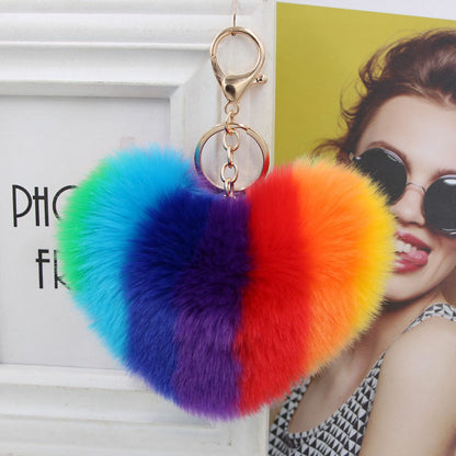 Peach Heart Rainbow Imitation Rabbit Fur Keychain