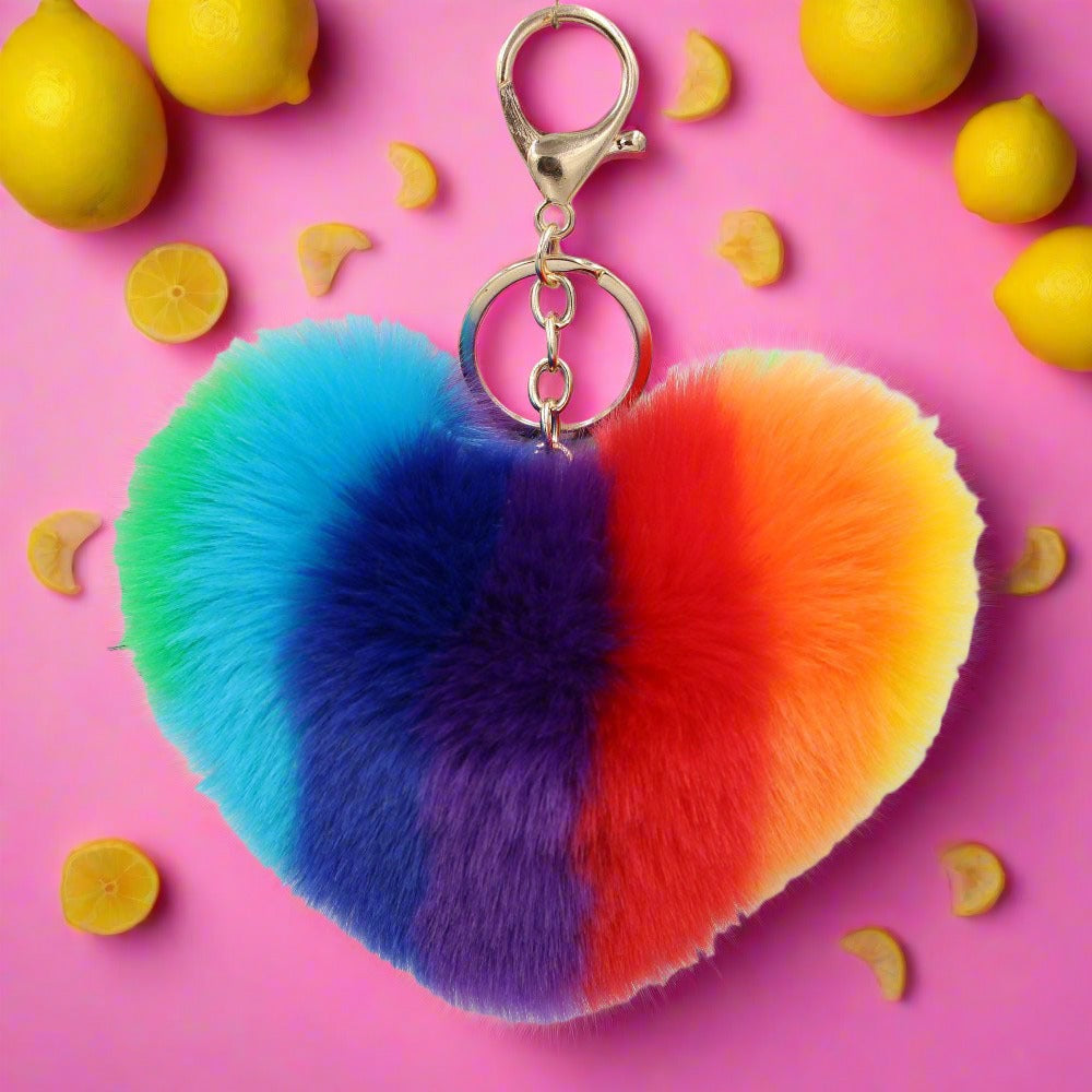 Peach Heart Rainbow Imitation Rabbit Fur Keychain