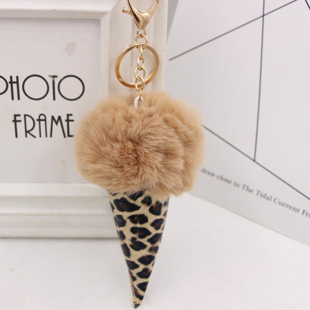 Leopard Print Ice Cream Fur Ball Alloy Keychain