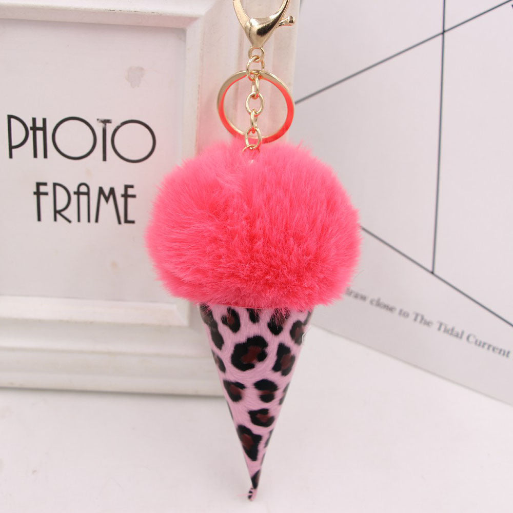 Leopard Print Ice Cream Fur Ball Alloy Keychain