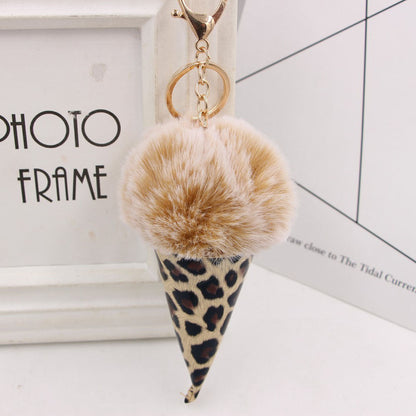 Leopard Print Ice Cream Fur Ball Alloy Keychain