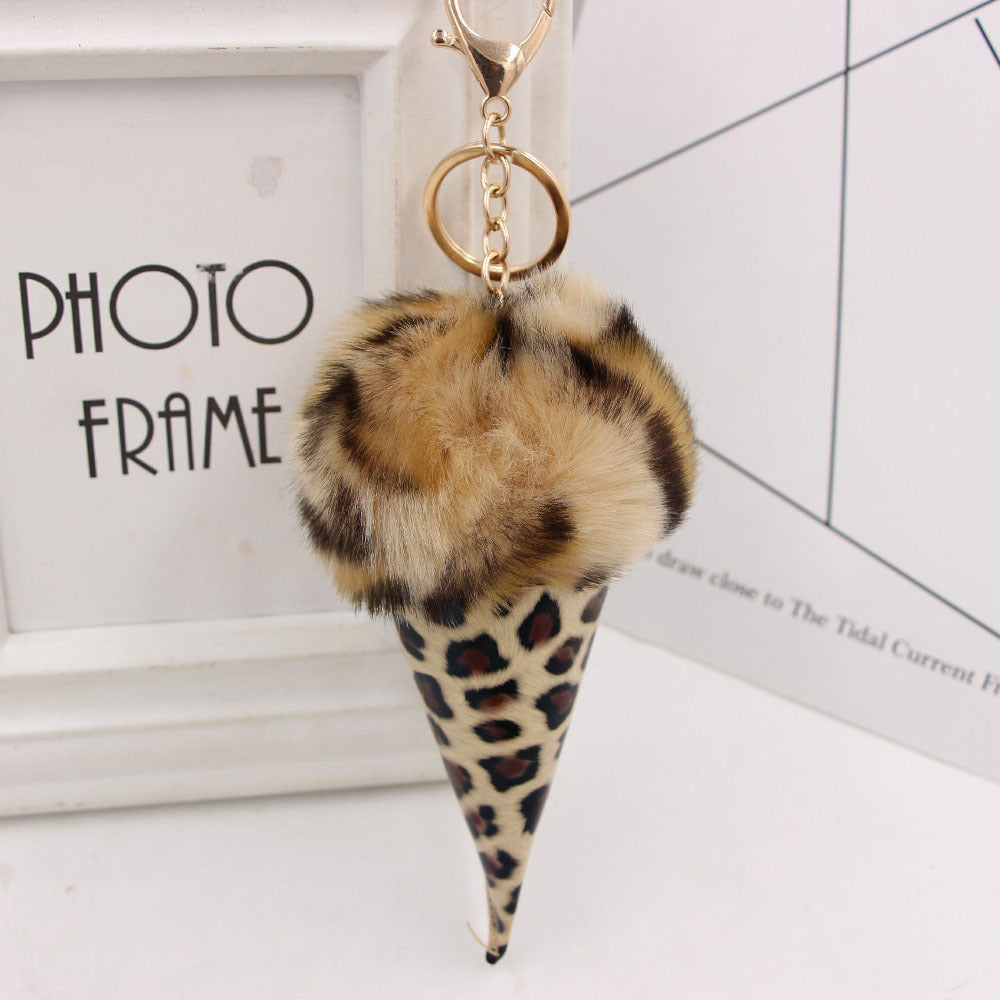 Leopard Print Ice Cream Fur Ball Alloy Keychain