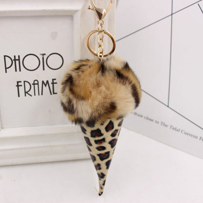 Leopard Print Ice Cream Fur Ball Alloy Keychain