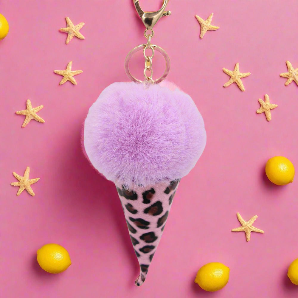 Leopard Print Ice Cream Fur Ball Alloy Keychain