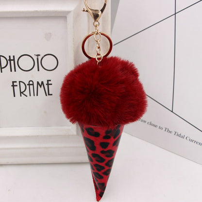 Leopard Print Ice Cream Fur Ball Alloy Keychain