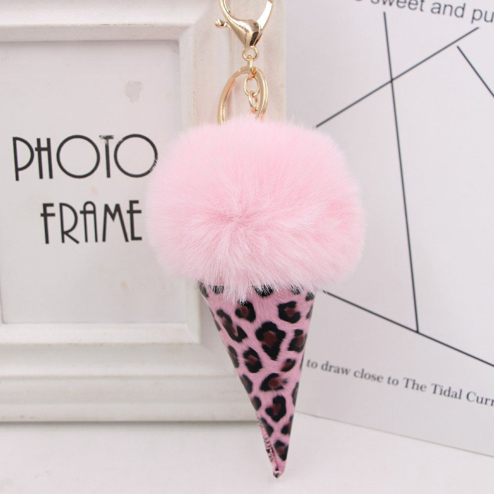 Leopard Print Ice Cream Fur Ball Alloy Keychain