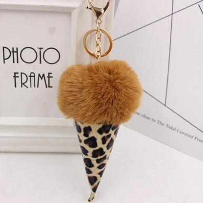Leopard Print Ice Cream Fur Ball Alloy Keychain