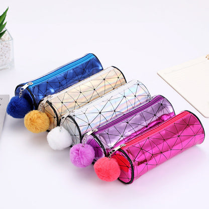 Cylindrical Laser Pencil Case with Fur Ball