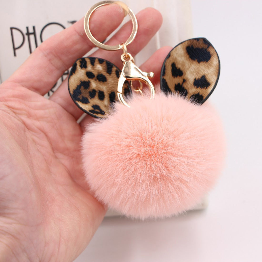 Leopard Print Ear Fur Ball Keychain Plush