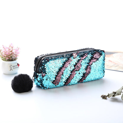 Fur Ball Sequin Pencil Case Cosmetic Bag