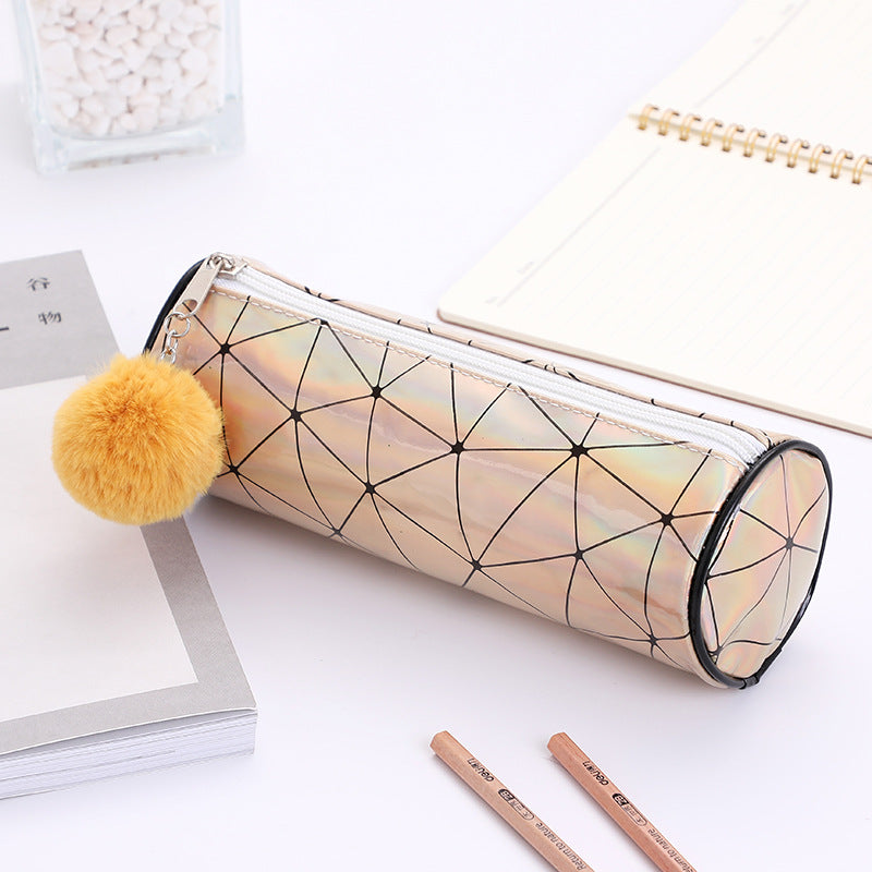 Cylindrical Laser Pencil Case with Fur Ball