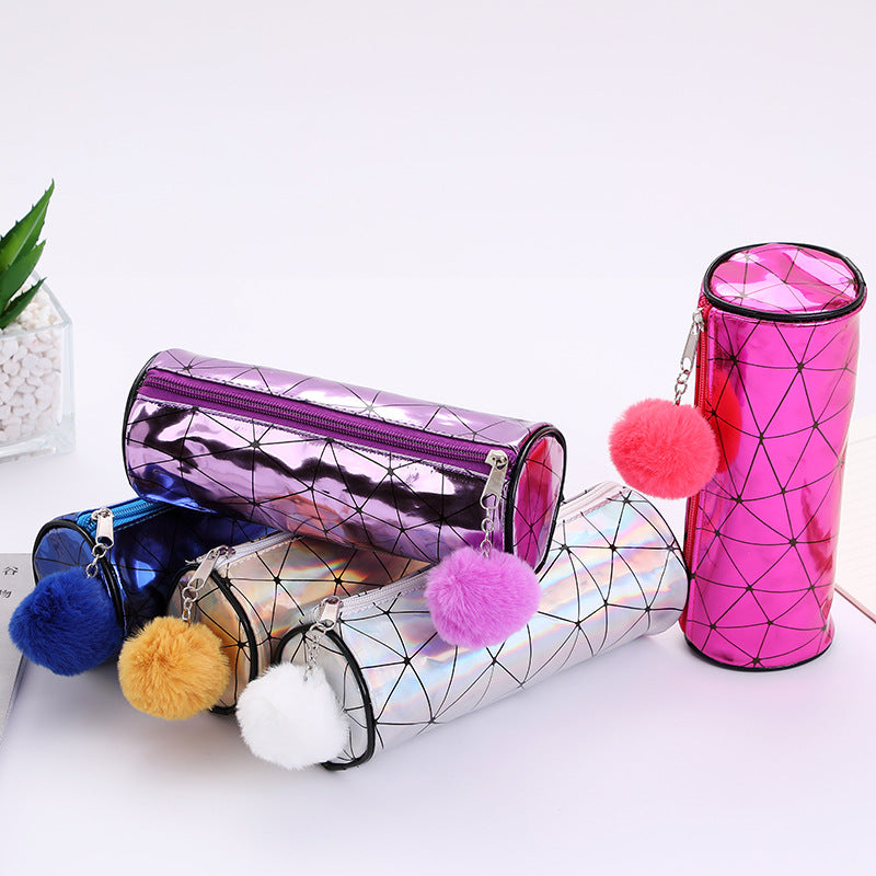 Cylindrical Laser Pencil Case with Fur Ball
