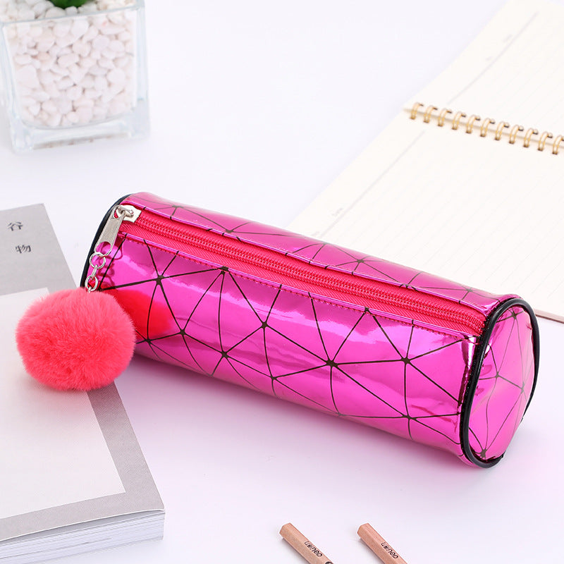 Cylindrical Laser Pencil Case with Fur Ball