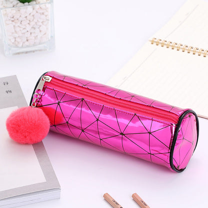 Cylindrical Laser Pencil Case with Fur Ball