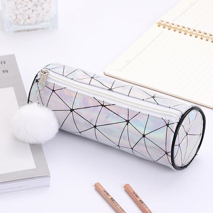 Cylindrical Laser Pencil Case with Fur Ball