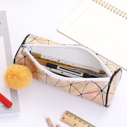 Cylindrical Laser Pencil Case with Fur Ball