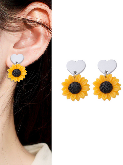 Sunny Love Heart and Sunflower Drop Earrings