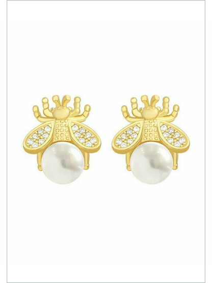 Girls Buzz-Worthy Honey Bee Pearl Stud Earrings