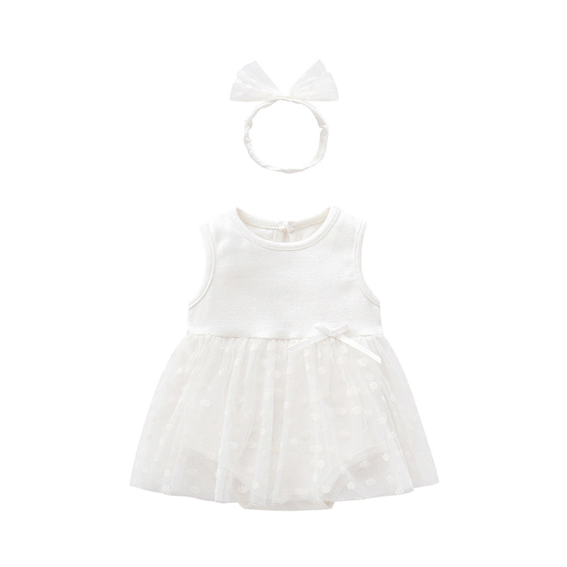 Baby Girls Solid Color Bow Lace Print Dresses Headwear