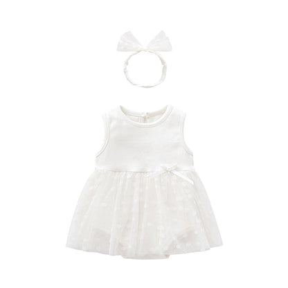 Baby Girls Solid Color Bow Lace Print Dresses Headwear