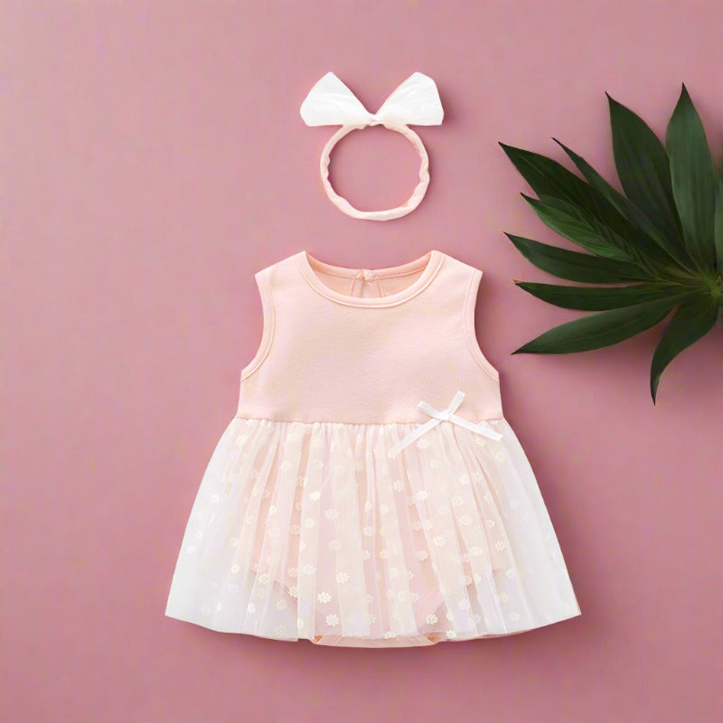 Baby Girls Solid Color Bow Lace Print Dresses Headwear
