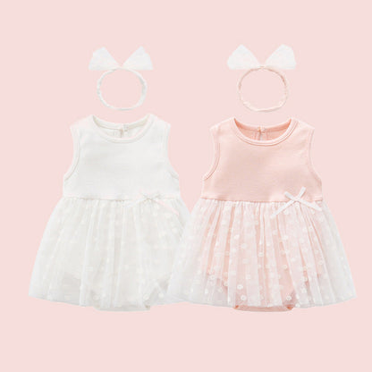 Baby Girls Solid Color Bow Lace Print Dresses Headwear