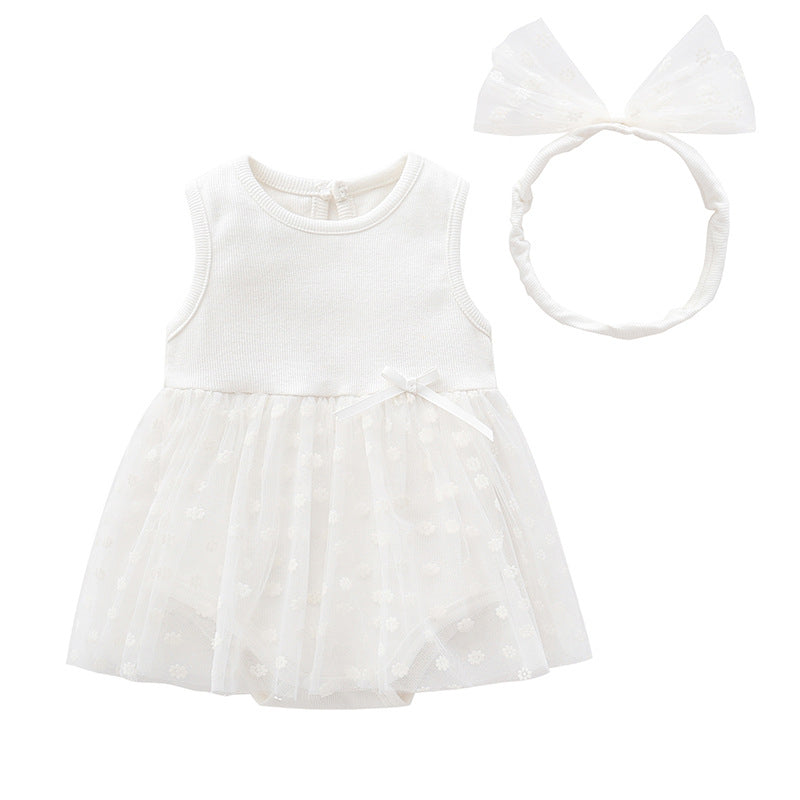 Baby Girls Solid Color Bow Lace Print Dresses Headwear