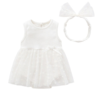 Baby Girls Solid Color Bow Lace Print Dresses Headwear