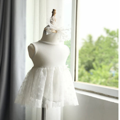 Baby Girls Solid Color Bow Lace Print Dresses Headwear