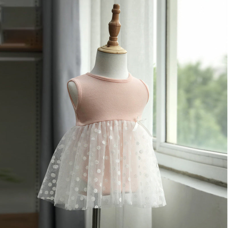 Baby Girls Solid Color Bow Lace Print Dresses Headwear