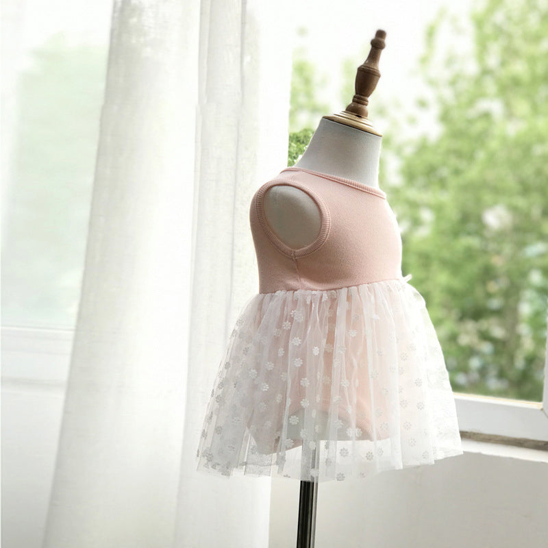 Baby Girls Solid Color Bow Lace Print Dresses Headwear