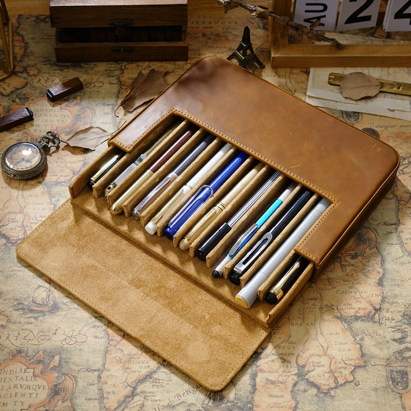 Handmade Magnetic Drawer-style Crazy Horse Leather Pencil Case