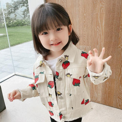 Strawberry Pattern Print Denim Jacket