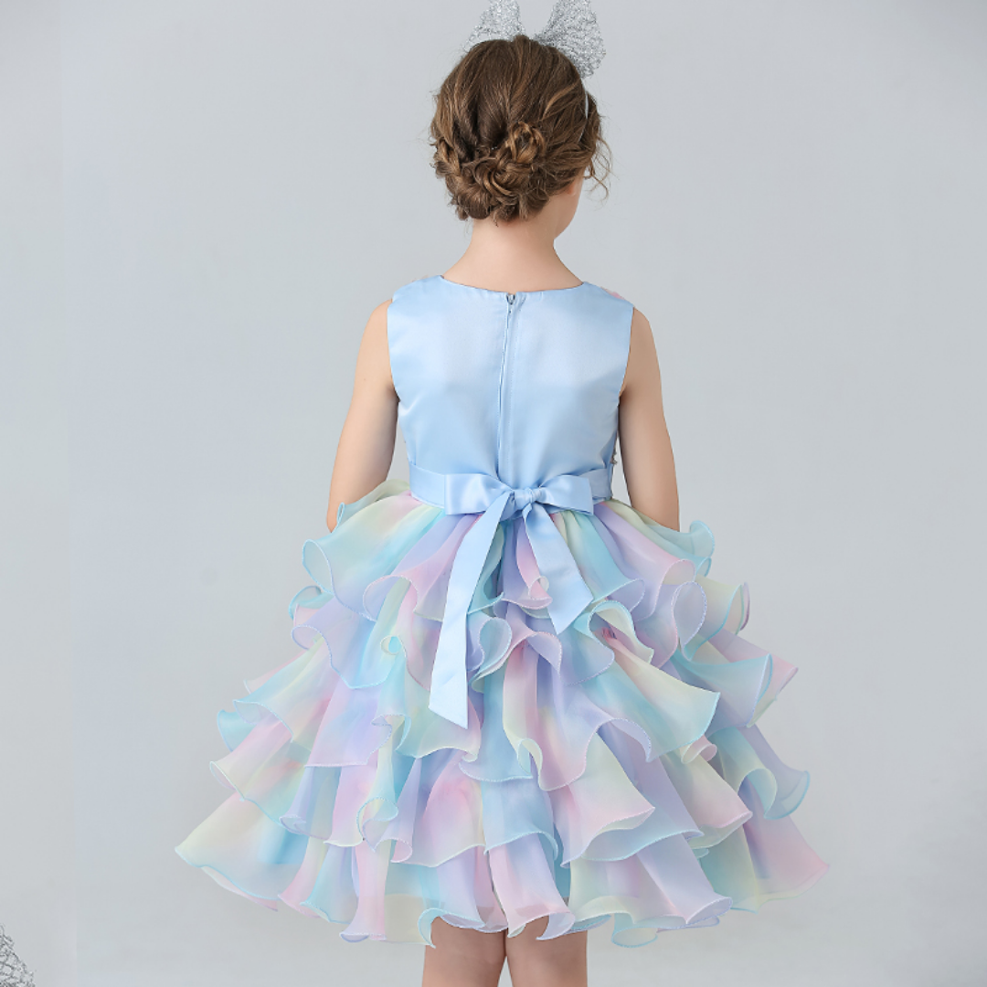 Rainbow Layered Skirt and Bow Design Flower Girl Party Dress