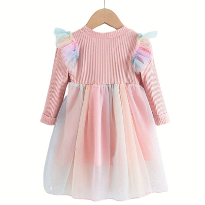 Princess Unicorn Print Knitted Sweater Mesh Dress