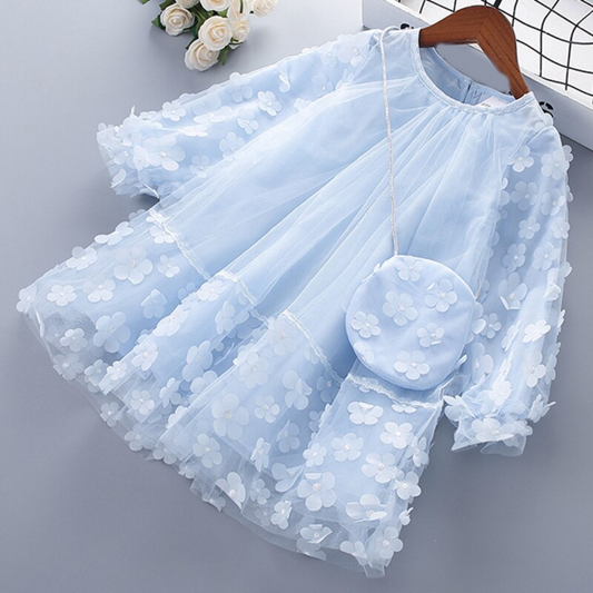 Floral Design Multi-Layer Long Sleeve Girl Mesh Dress