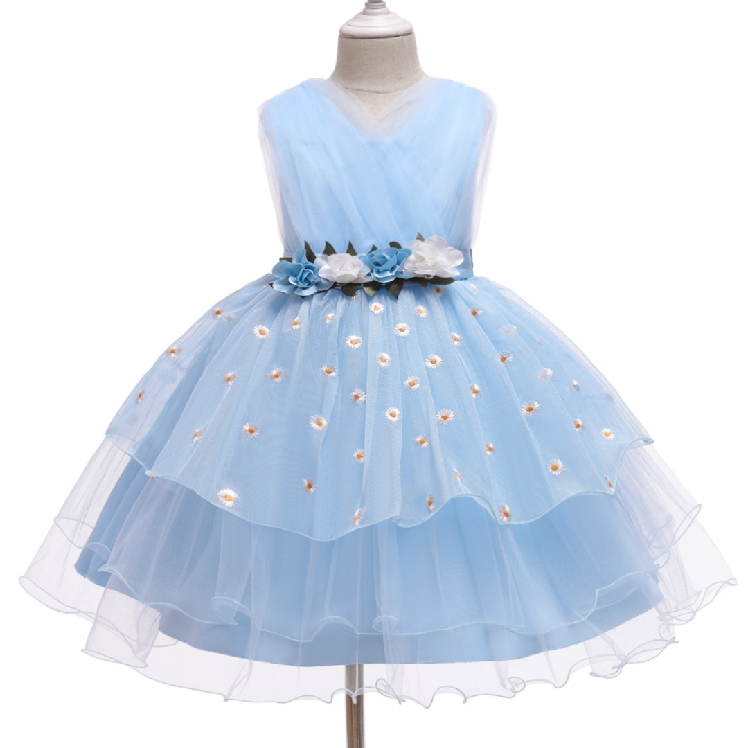 Floral Embroidery Layered Mesh Wedding Flower Girl Dress