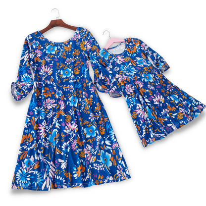 Blue Floral Printed Mommy and Me Matching Dress