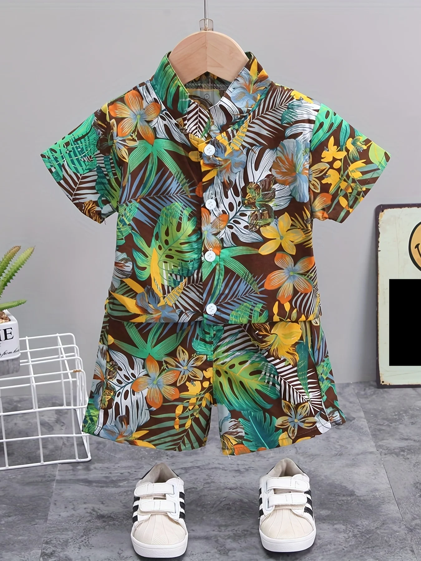 Summer Leaf & Flower Print Short Sleeve Set for Children