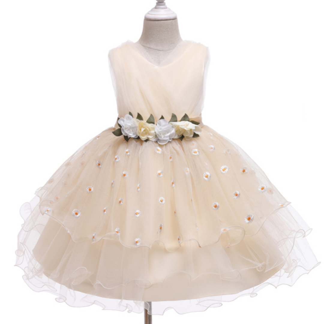 Floral Embroidery Layered Mesh Wedding Flower Girl Dress