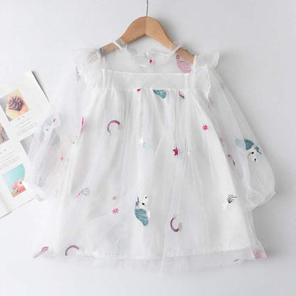 Princess Unicorn Print Knitted Sweater Mesh Dress